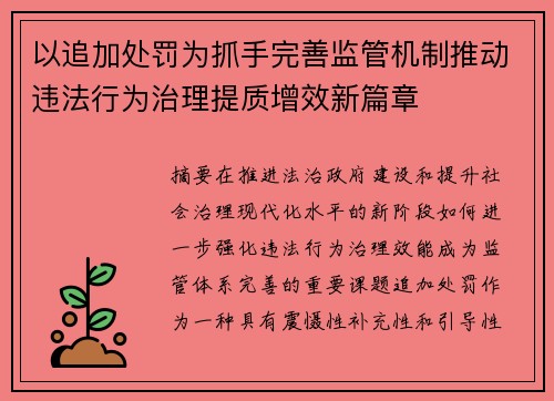 以追加处罚为抓手完善监管机制推动违法行为治理提质增效新篇章